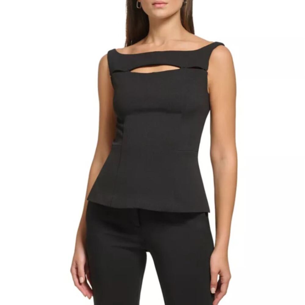 DKNY Black Cutout Peplum Top Square Neck Sleeveless Slim Fit Structured XS NWT